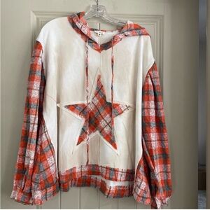 POL Orange and cream plaid star hoodie NWOT